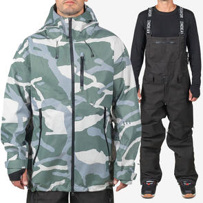 ENDEAVOR SNOWBOARDS 2025 3L SHELTER JACKET CAMO + 3L SHELTER BIB PANT BLACK