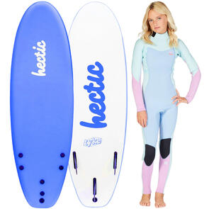 HECTIC BOARD CO 2025 TYKE 5'6 SOFTBOARD BLUE - INCLUDES LEASH & FINS + GIRLS BILLABONG 3/2MM SYNERGY BACK ZIP GBS FULL ICEBERG COMBO