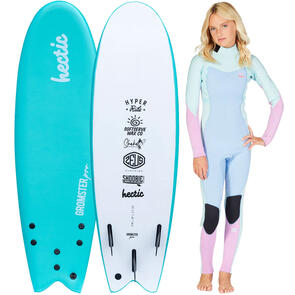 HECTIC BOARD CO 2025 GROMSTER PRO 5'10 SOFTBOARD MENTHOL INCL LEASH & FINS + GIRLS BILLABONG 3/2MM SYNERGY BACK ZIP GBS FULL ICEBERG COMBO