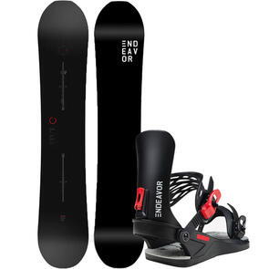 ENDEAVOR SNOWBOARDS 2025 PIONEER LEGACY SNOWBOARD BLACK + SCOUT BINDINGS BLACK RED PACKAGE
