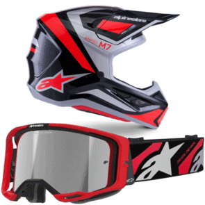 ALPINESTARS 2026 S-M7 RISE HELMET BLACK/SILVER/RED AND VISION LUAR 8 GOGGLE RED/BLACK