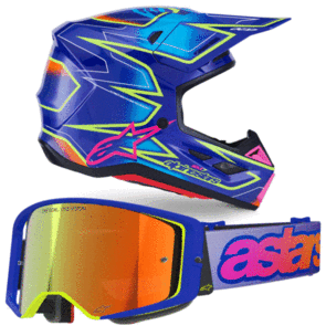 ALPINESTARS 2026 S-M7 CAST HELMET BLUE/PINK/YELLOW AND SUPERTECH VISION VISTA GOGGLE BLUE