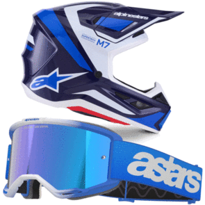 ALPINESTARS 2026 S-M7 RISE HELMET BLUE/WHITE AND VISION BLAZE 5 GOGGLE BLUE