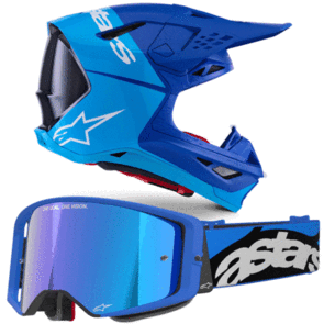 ALPINESTARS 2026 SUPERTECH S-M10 HELMET FLOOD METALLIC BLUE AND SUPERTECH STREAM GOGGLE BLUE
