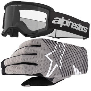 ALPINESTARS VISION 3 WORDMARK GOGGLE BLACK CLEAR LENS + 2025 RADAR PRO GLOVES BLACK