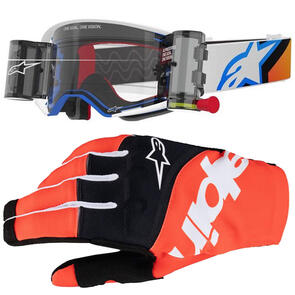 ALPINESTARS SUPERTECH CORP GOGGLE BLUE/ORANGE CLEAR LENS WITH ROLL OFF SYSTEM + 2025 TECHSTAR GLOVES BLACK/HOT ORANGE