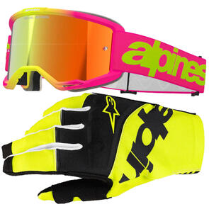 ALPINESTARS VISION WORDMARK 5 GOGGLE PINK/FLUORO YELLOW MIRROR RED LENS + 2025 TECHSTAR GLOVES BLACK/YELLOW FLUORO