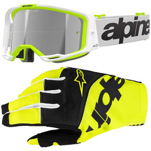 ALPINESTARS VISION WORDMARK 8 GOGGLE WHITE/YELLOW FLUORO MIRROR SILVER LENS + 2025 TECHSTAR GLOVES BLACK/YELLOW FLUORO