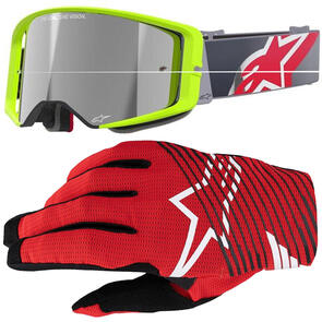 ALPINESTARS SUPERTECH CORP GOGGLE YELLOW FLUORO/RED MIRROR SILVER LENS + 2025 RADAR PRO GLOVES BRIGHT RED