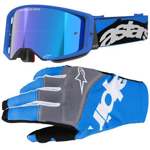 ALPINESTARS SUPERTECH STREAM GOGGLE BLUE MIRROR BLUE LENS + 2025 TECHSTAR GLOVES BLACK/BLUE