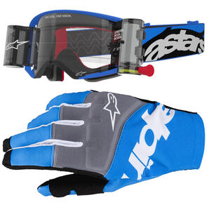 ALPINESTARS SUPERTECH STREAM GOGGLE BLUE CLEAR LENS WITH ROLL OFF SYSTEM + 2025 TECHSTAR GLOVES BLACK/BLUE