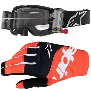 ALPINESTARS VISION CORP 8 GOGGLE BLACK CLEAR LENS WITH ROLL OFF SYSTEM + 2025 TECHSTAR GLOVES BLACK/HOT ORANGE