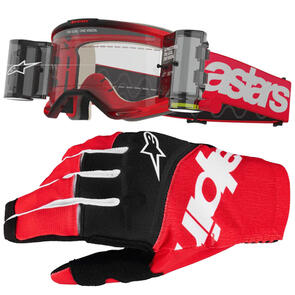 ALPINESTARS VISION BLAZE 5 GOGGLE RED CLEAR LENS WITH ROLL OFF SYSTEM + 2025 TECHSTAR GLOVES BLACK/BRIGHT RED