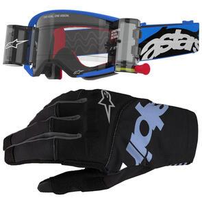 ALPINESTARS SUPERTECH STREAM GOGGLE BLUE CLEAR LENS WITH ROLL OFF SYSTEM +  2025 TECHSTAR GLOVES BLACK