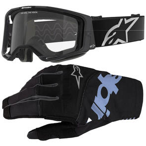 ALPINESTARS VISION CORP 8 GOGGLE BLACK DUAL PANE CLEAR LENS + 2025 TECHSTAR GLOVES BLACK