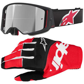 ALPINESTARS SUPERTECH CORP GOGGLE BLACK/RED MIRROR SILVER LENS + 2025 TECHSTAR GLOVES BLACK/BRIGHT RED