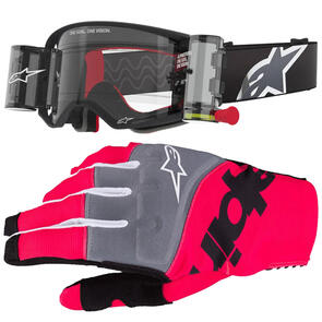 ALPINESTARS SUPERTECH CORP GOGGLE BLACK/GREY CLEAR LENS WITH ROLL OFF SYSTEM + 2025 TECHSTAR GLOVES BLACK/PINK FLUORO