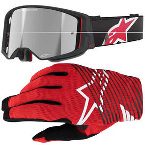 ALPINESTARS SUPERTECH CORP GOGGLE BLACK/RED MIRROR SILVER LENS + 2025 RADAR PRO GLOVES BRIGHT RED