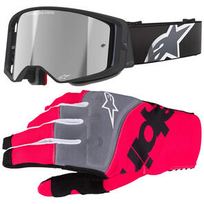 ALPINESTARS SUPERTECH CORP GOGGLE BLACK/GREY MIRROR SILVER LENS + 2025 TECHSTAR GLOVES BLACK/PINK FLUORO