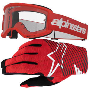 ALPINESTARS VISION 3 WORDMARK GOGGLE RED CLEAR LENS + 2025 RADAR PRO GLOVES BRIGHT RED