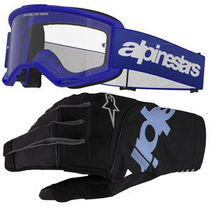 ALPINESTARS VISION 3 WORDMARK GOGGLE BLUE CLEAR LENS + 2025 TECHSTAR GLOVES BLACK