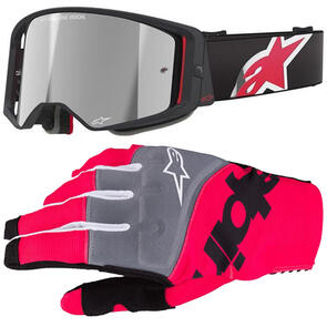 ALPINESTARS SUPERTECH CORP GOGGLE BLACK/RED MIRROR SILVER LENS + 2025 TECHSTAR GLOVES BLACK/PINK FLUORO