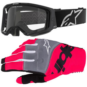 ALPINESTARS VISION CORP 8 GOGGLE BLACK DUAL PANE CLEAR LENS + 2025 TECHSTAR GLOVES BLACK/PINK FLUORO