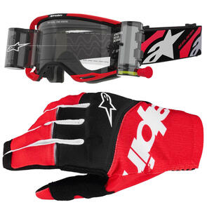 ALPINESTARS VISION LUAR 8 GOGGLE RED/BLACK CLEAR LENS WITH ROLL OFF SYSTEM + 2025 TECHSTAR GLOVES BLACK/BRIGHT RED