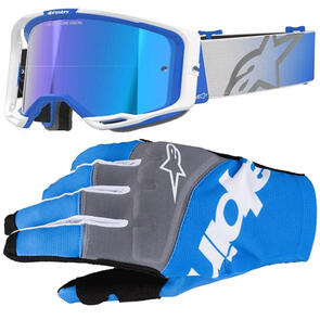 ALPINESTARS VISION CORP 8 GOGGLE BLUE/WHITE MIRROR BLUE LENS + 2025 TECHSTAR GLOVES BLACK/BLUE