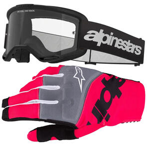 ALPINESTARS VISION 3 WORDMARK GOGGLE BLACK CLEAR LENS + 2025 TECHSTAR GLOVES BLACK/PINK FLUORO