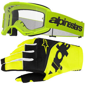 ALPINESTARS VISION 3 WORDMARK GOGGLE YELLOW FLUORO CLEAR LENS + 2025 TECHSTAR GLOVES BLACK/YELLOW FLUORO