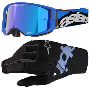 ALPINESTARS SUPERTECH STREAM GOGGLE BLUE MIRROR BLUE LENS + 2025 TECHSTAR GLOVES BLACK