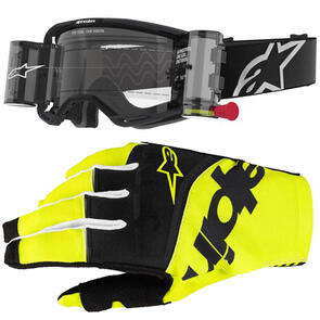 ALPINESTARS VISION CORP 8 GOGGLE BLACK CLEAR LENS WITH ROLL OFF SYSTEM + 2025 TECHSTAR GLOVES BLACK/YELLOW FLUORO