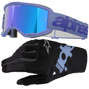 ALPINESTARS VISION WORDMARK 5 GOGGLE PURPLE MIRROR BLUE LENS + 2025 TECHSTAR GLOVES BLACK