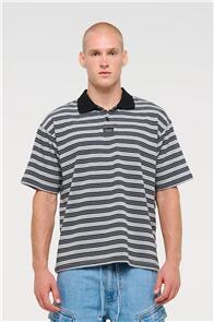 ABRAND BOBBY STRIPE POLO - GREY MARLE/NAVY