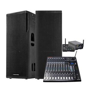 CERWIN VEGA SKAA PRO AUDIO WIRELESS BAND SETUP WITH 2X15" TOWER SPEAKERS AND MIXER