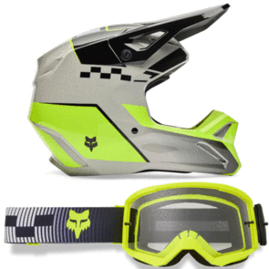 FOX RACING MOTO 2026 MX V1 COLLECT HELMET AND GOGGLES GREY/YELLOW