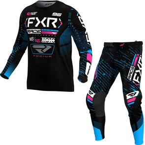FXR YOUTH PODIUM MX JERSEY AND PANTS 25 BLACK/CYAN/PINK