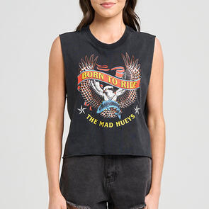 THE MAD HUEYS BORN TO RIDE | WOMENS CROP MUSCLE WASHED BLACK