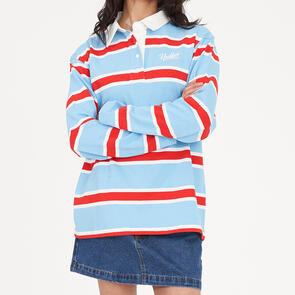 HUFFER WOMENS BROOKLYN OVERSIZED RUGBY BLUE/POPPY
