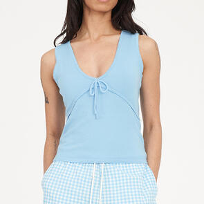 HUFFER WOMENS KIMI V-NECK KNIT TOP BLUE GLEAM