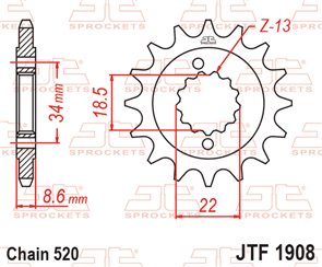 JT SPROCKETS 1908.15 STEEL FRONT SPROCKET 15T 520 PITCH - BAJAJ / HUSQVARNA / KTM
