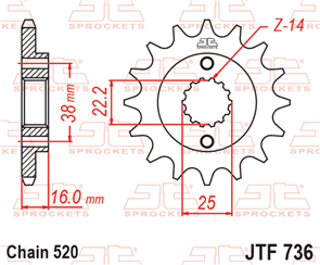 JT SPROCKETS 736.16 STEEL FRONT SPROCKET 16T 520 PITCH - DUCATI 600M 600SS 748 BIPOSTO
