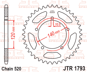 JT SPROCKETS 1793.45 STEEL REAR SPROCKET 45T 520 PITCH - ROYAL ENFIELD / SUZUKI