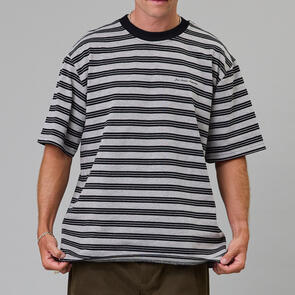 JUST ANOTHER FISHERMAN SCRIPT HEAVY SHORE TEE GREY MARLE STRIPE