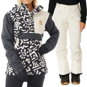 RIP CURL SNOW 2025 RIDER ANORAK JACKET 10K 10K WASHED BLACK SEARCH + RIDER HIGH WAIST PANT 10K/10K OFF WHITE