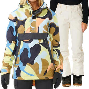 RIP CURL SNOW 2025 RIDER ANORAK JACKET 10K 10K BLUE + RIDER HIGH WAIST PANT 10K/10K OFF WHITE