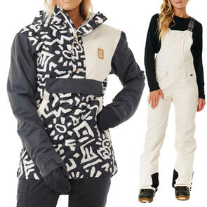 RIP CURL SNOW 2025 RIDER ANORAK JACKET 10K 10K WASHED BLACK SEARCH + VERMONT BIB 10K/10K OFF WHITE