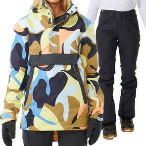 RIP CURL SNOW 2025 RIDER ANORAK JACKET 10K 10K BLUE + RIDER HIGH WAIST PANT 10K/10K BLACK
