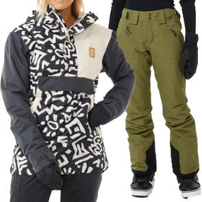 RIP CURL SNOW 2025 RIDER ANORAK JACKET 10K 10K WASHED BLACK SEARCH + RIDER HIGH WAIST PANT 10K/10K DARK KHAKI
